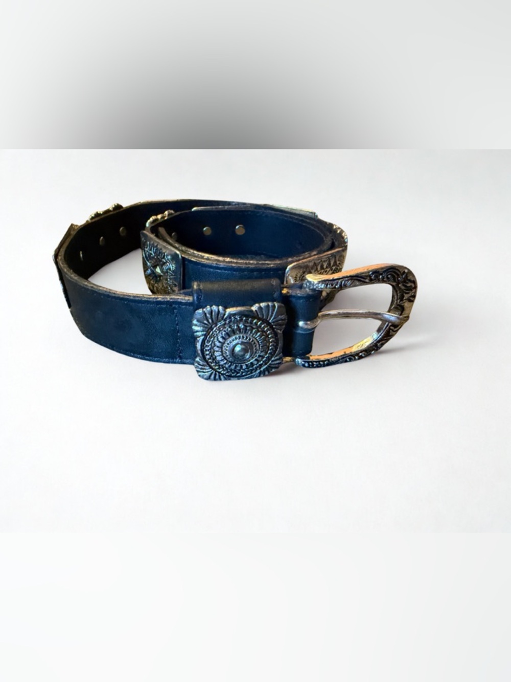 Vintage Western Tooled Leather Belt with Silver Conchos - black